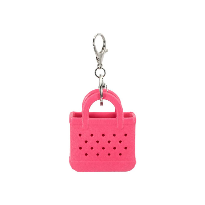 A pink mini EVA bag keychain with perforated detailing and a metal clip.