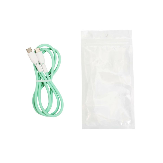 A mint green 100W fast charging cable with white connectors, packaged in a clear plastic bag.