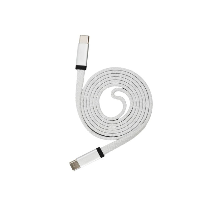 A white braided charging cable with USB connectors at both ends, featuring a sleek and flexible design.