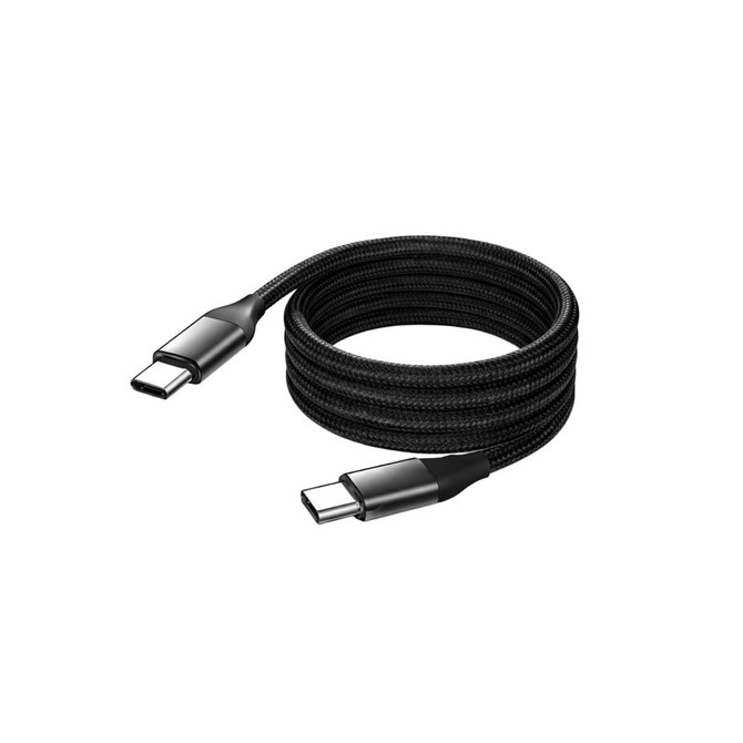 A black braided charging cable with USB-C connectors on both ends. The cable is coiled for easy storage and transport.
