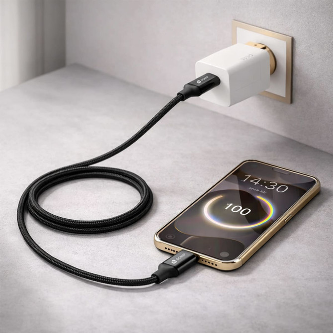 A black braided charging cable connected to a phone and a wall charger. The phone displays a battery charge percentage.