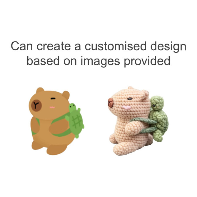 A crochet kit featuring a bear and turtle design in soft colours, with a logo present.