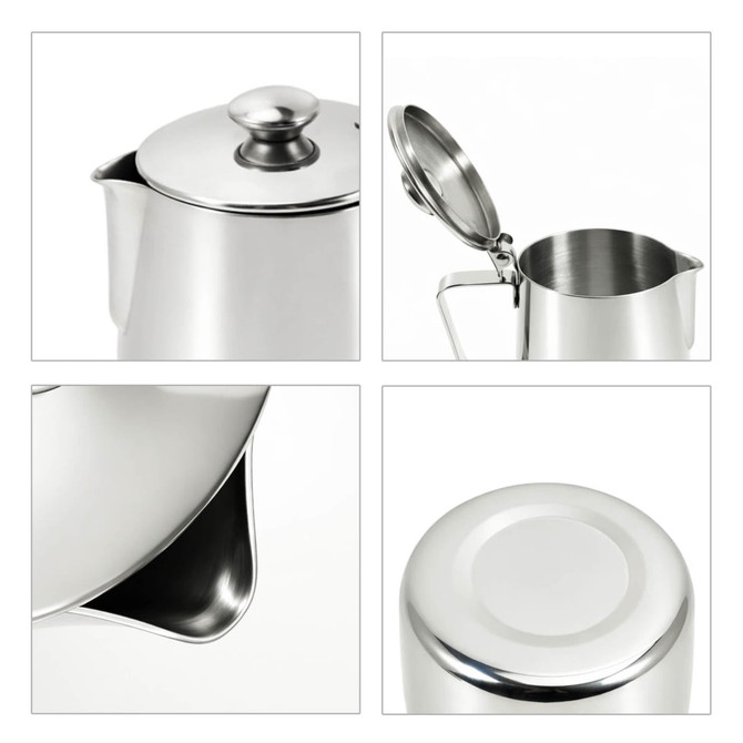 A stainless steel milk frothing pitcher with a lid, featuring a shiny finish and a spout, displayed from various angles.