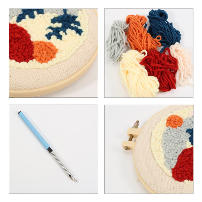 A punch needle coaster kit featuring multicoloured yarn, a hoop, and a blue pen. The yarn includes shades of orange, blue, and cream.