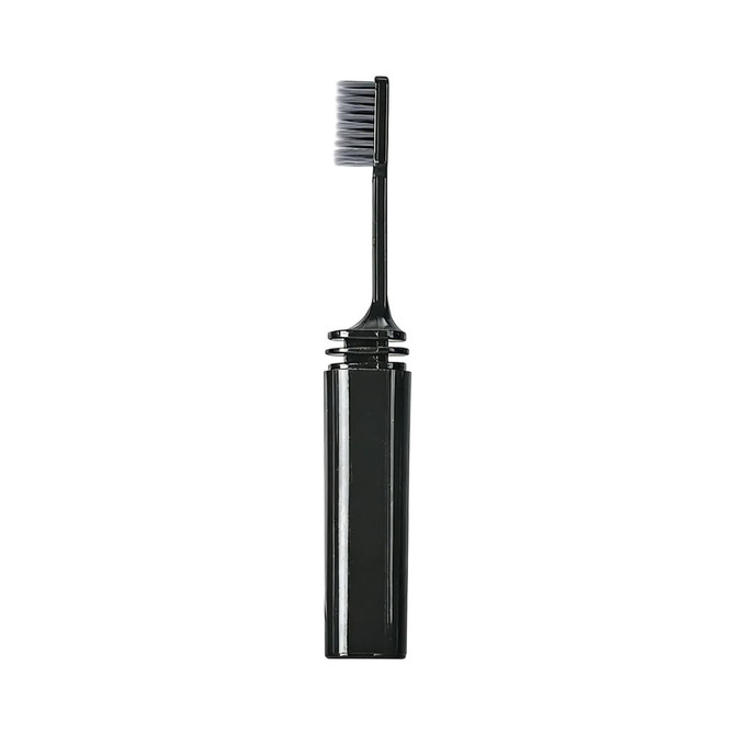 A foldable toothbrush in black with a compact design and protective cover for the bristles.