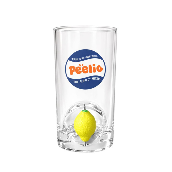 A clear glass cup with a custom spinner toy featuring a yellow lemon inside and a logo.