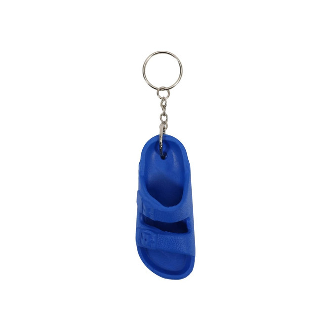 A blue sandal-shaped keyring featuring a metal chain and ring for attachment. It has a branding logo.