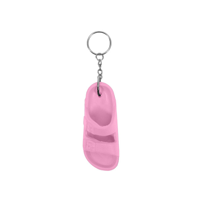 A pink sandal-shaped keyring attached to a metal keychain. The keyring features a buckle detail.