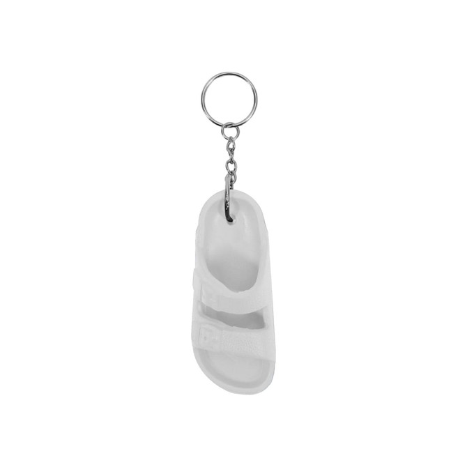 A white sandal-shaped keyring with a silver keychain attachment, featuring a simple design.