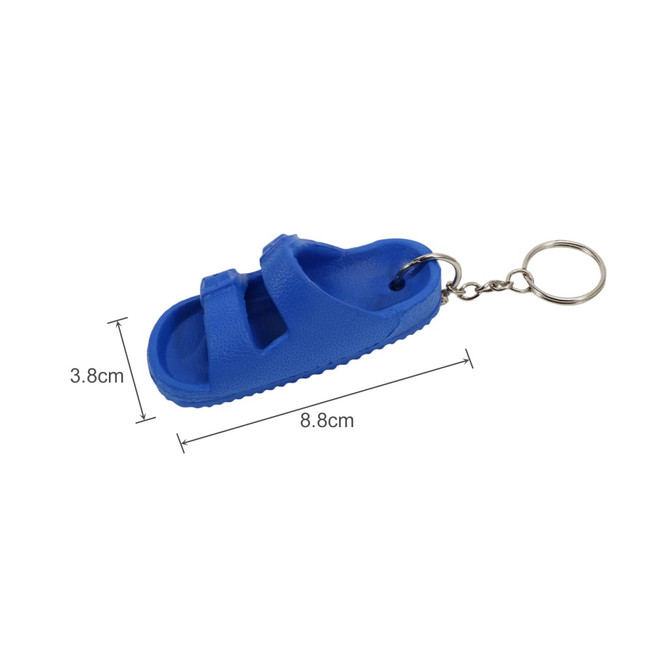 A blue sandal-shaped keyring with a chain, measuring 3.8cm by 8.8cm. It features a simple design and a logo.