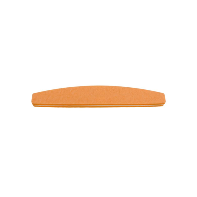 A half moon-shaped nail file with an orange surface and a layered design. The product features a logo on one side.