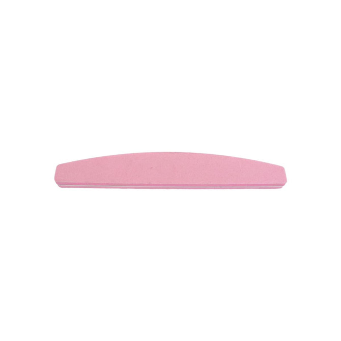 A pink half moon-shaped nail file with a smooth surface and a subtle logo on one side.