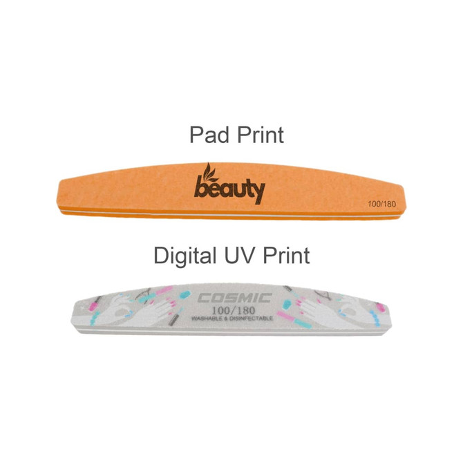 A Sponge Half Moon Shape Nail File in orange with a logo and a white file featuring colourful designs.