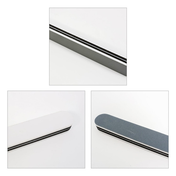 A pack of 10 triple-sided nail files in grey and white, featuring a sleek design and a logo.