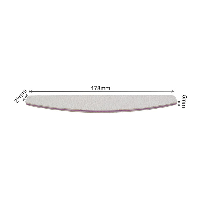 A half-moon shape nail file featuring a light pink side and a textured filing surface, measuring 178mm by 28mm by 5mm.