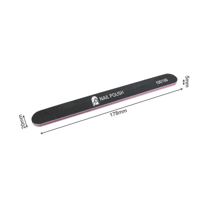 A black nail file with a purple core, measuring 178mm by 20mm, featuring a logo.