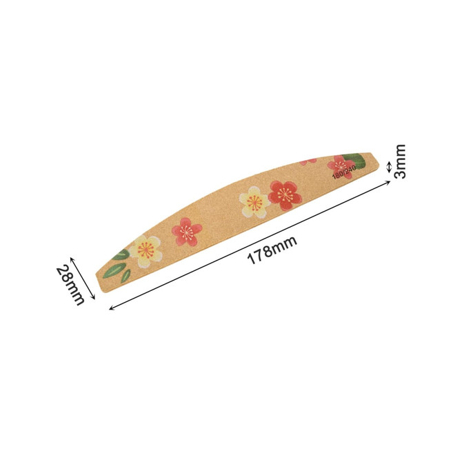 A bamboo nail file with a floral design, measuring 178mm in length and 28mm in width. It has a natural colour.