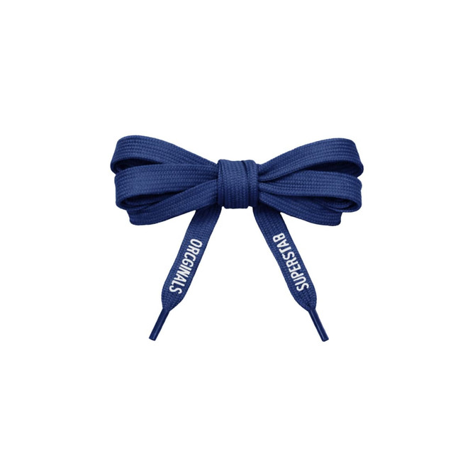 A pair of navy blue custom shoe laces tied in a bow, featuring brand tags on the ends.