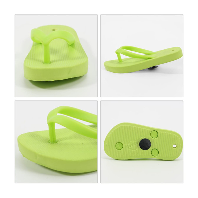 A set of four images featuring a bright lime green clog shoe charm with a textured sole and a hole for attachment.