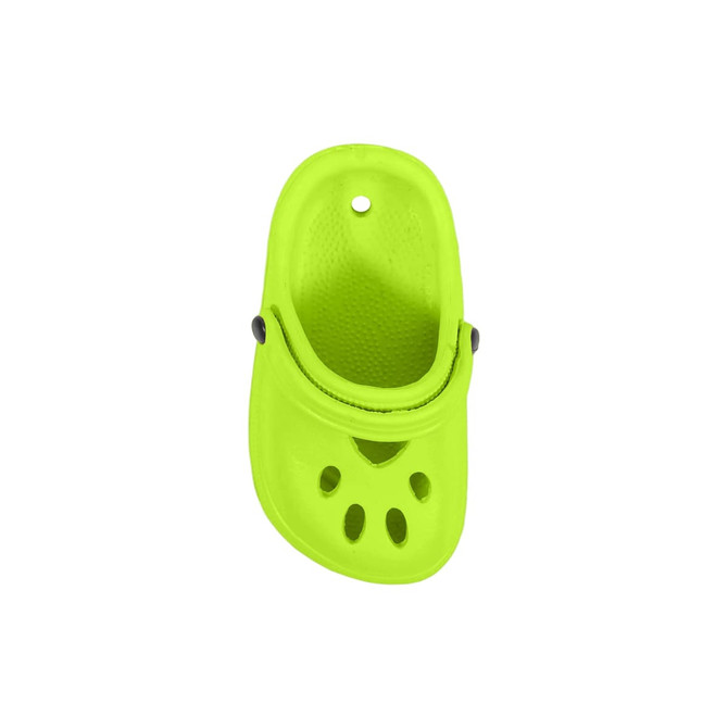 A lime green clog shoe-shaped charm with ventilation holes and a top button detail.