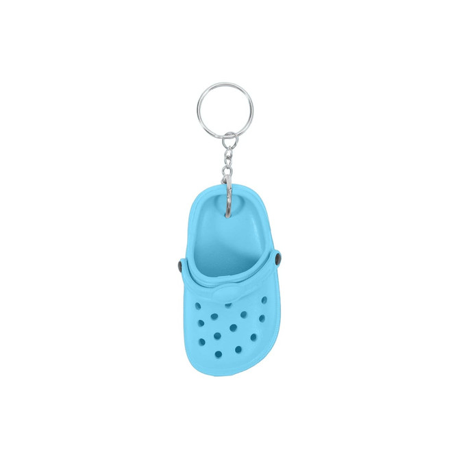 A blue classic clog shoe keyring featuring ventilation holes and a metal chain attachment.