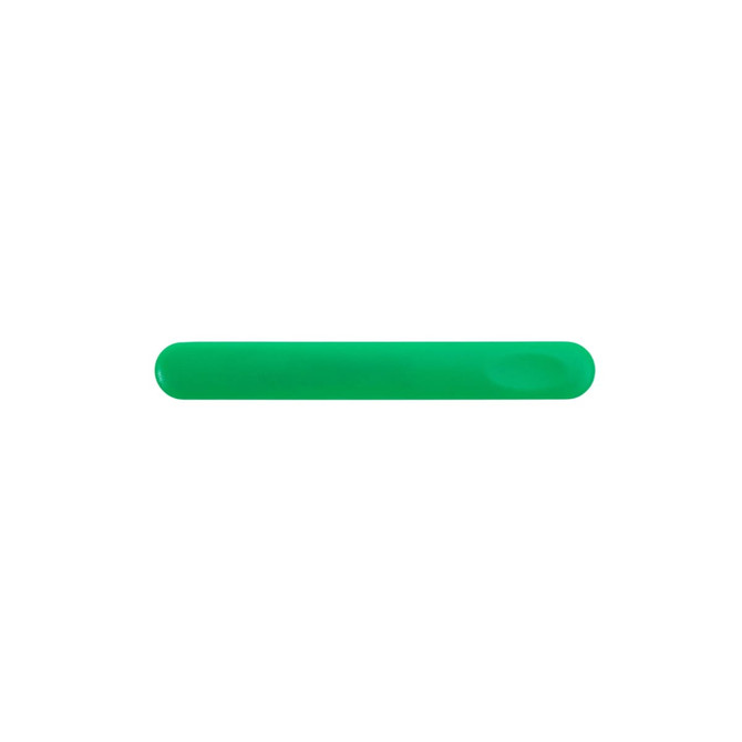 A green nail file with a smooth, rounded edge, featuring a simple design and a branding logo.