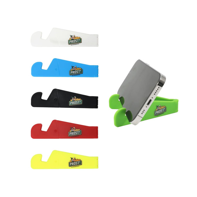 A V-shaped iPhone and iPad stand in black, white, blue, green, red, and yellow with a logo.