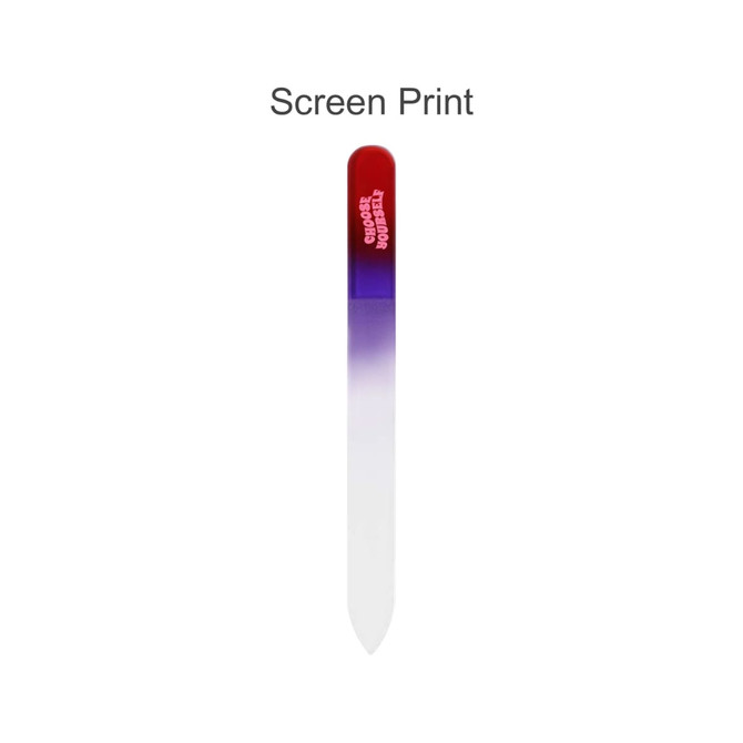 A gradient coloured glass nail file featuring a purple to red fade. It has a branded logo on the handle.