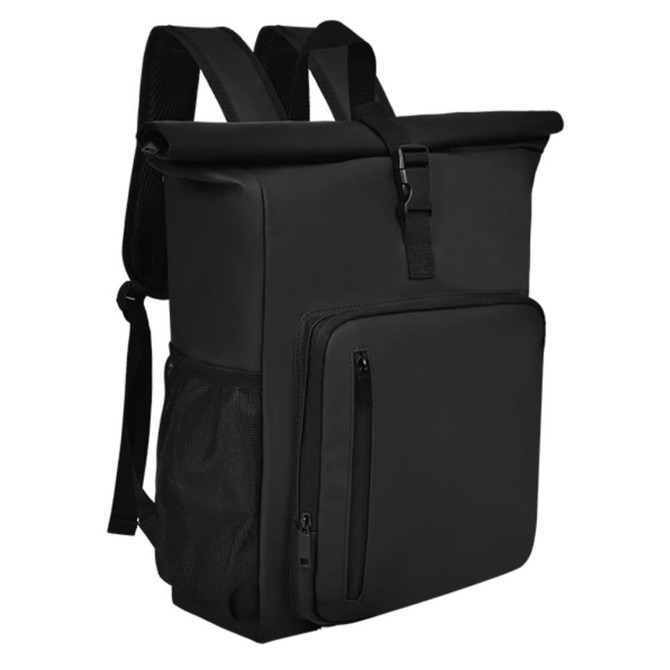 A black backpack with a roll-top design, featuring a front zipper pocket and side mesh panel. It has adjustable straps and a logo.