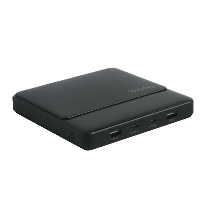 A black 20000mAh 100W laptop power bank featuring multiple USB and USB-C ports, with a sleek, flat design.