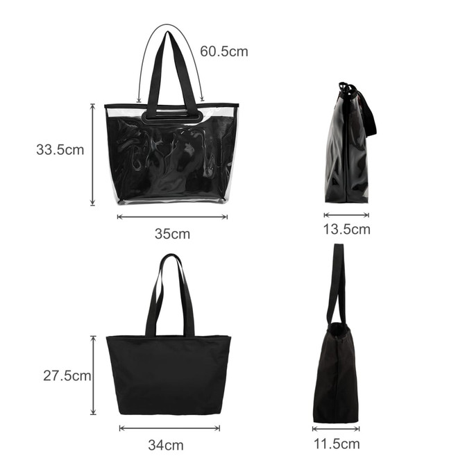 A black tote bag with detachable PVC cover, featuring black straps and varying dimensions displayed alongside.