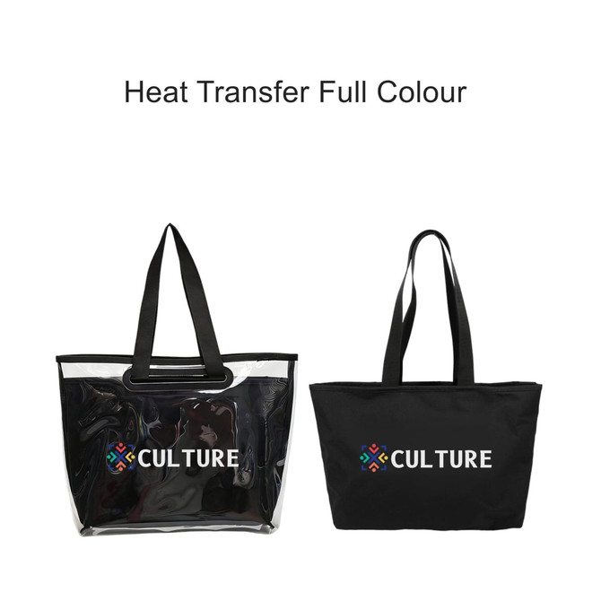 A promotional tote bag in black alongside a transparent tote with a detachable PVC cover, both featuring a logo.