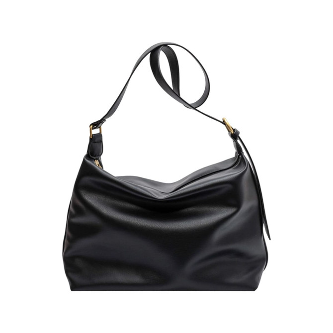 A black polyurethane tote bag with a soft, slouchy design and an adjustable shoulder strap.