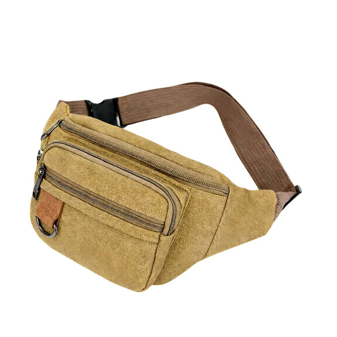 A brown canvas waist bag with a zippered pocket and adjustable strap, featuring a small logo.