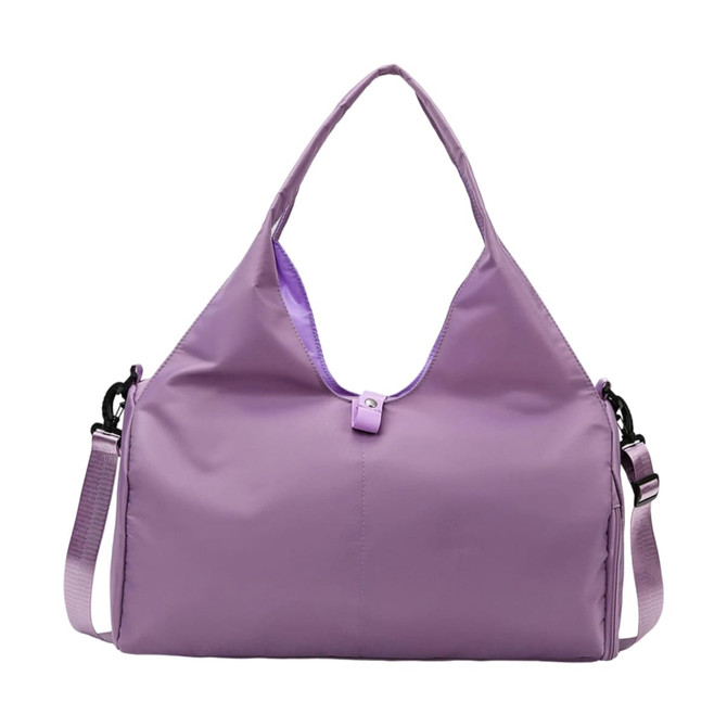 A purple duffle bag with a yoga mat strap and a logo, featuring a unique design and a shoulder strap.