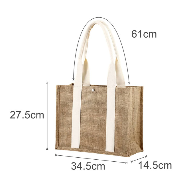 A jute tote bag in natural beige with white handles, featuring measurements for size reference.