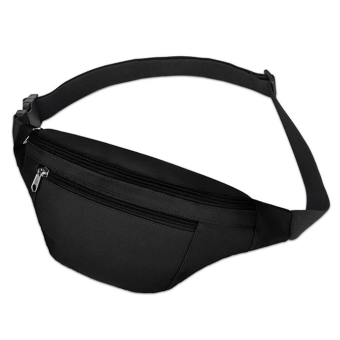 A black waist bag with multiple zippered compartments and an adjustable strap. It features a logo on the front.