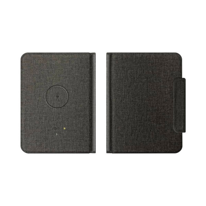 A black passport holder with a textured finish and a built-in tracking tag. It features a logo on the front.