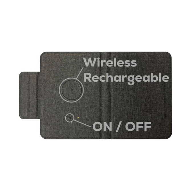 A grey passport holder with a textured finish featuring a wireless charging indicator and an on/off switch.