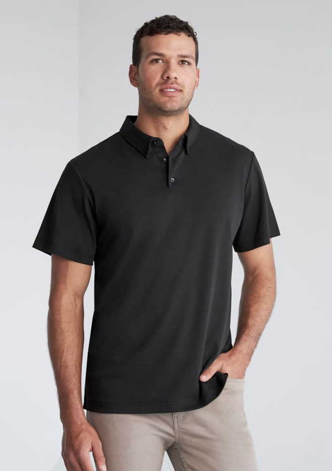 A black short sleeve polo shirt with a collar and three buttons, featuring a logo.