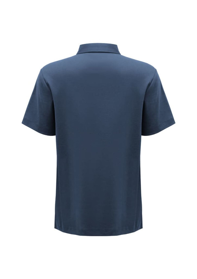 A navy blue short sleeve polo shirt with a collar, featuring a logo. The back view showcases a simple design.