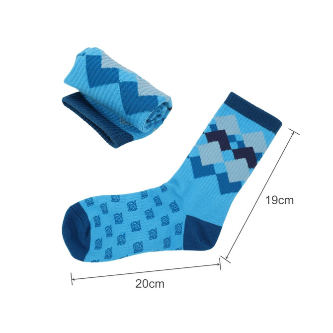 Crew woven work socks in shades of blue with a geometric pattern, one sock laid out and one rolled up beside it.