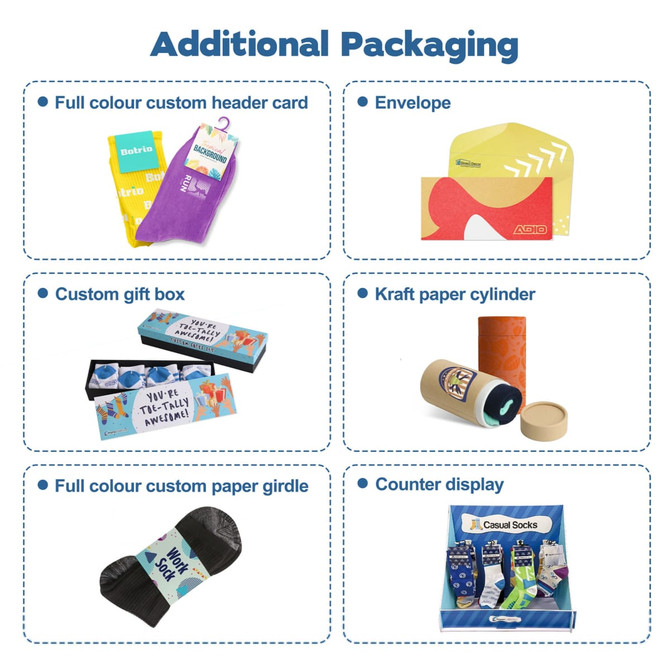 A display of various packaging options, including custom boxes, paper cylinders, and a counter display for socks.