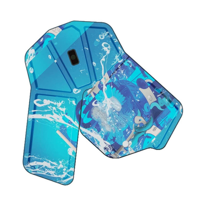 A foldable wireless mouse in various shades of blue featuring a vibrant, abstract design with splashes of white.