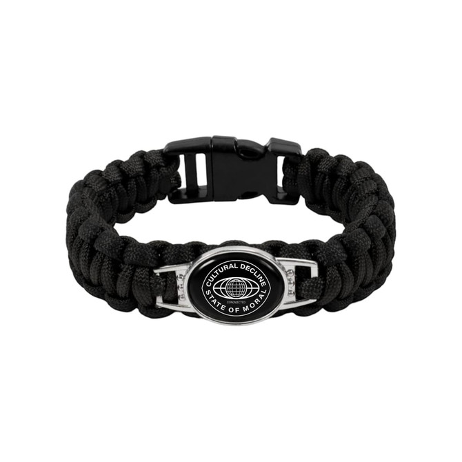 A braided paracord bracelet in black, featuring a themed pendant with a logo and decorative accents.