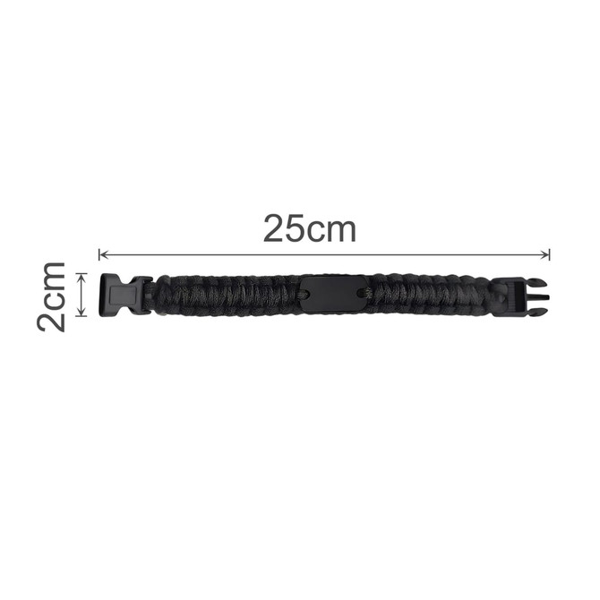 A black paracord bracelet with a metal plate, measuring 25cm in length and 2cm in width.