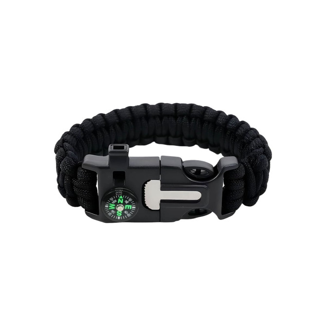 A black survival bracelet featuring a compass and a multi-functional clasp. It has a durable paracord design.