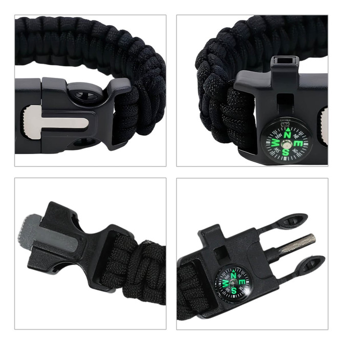 A black paracord bracelet featuring a compass and multiple attachment points. It has a strong, durable design.