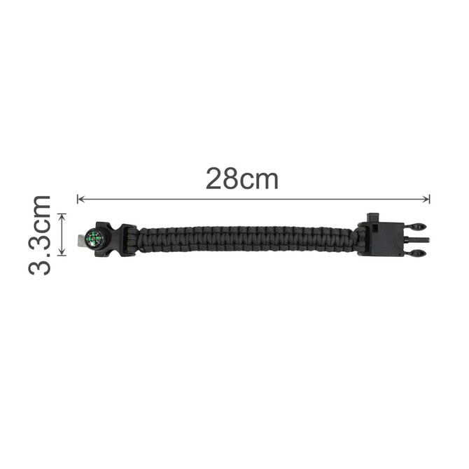 A black paracord survival bracelet measuring 28cm in length and 3.3cm in width with a compass attachment.