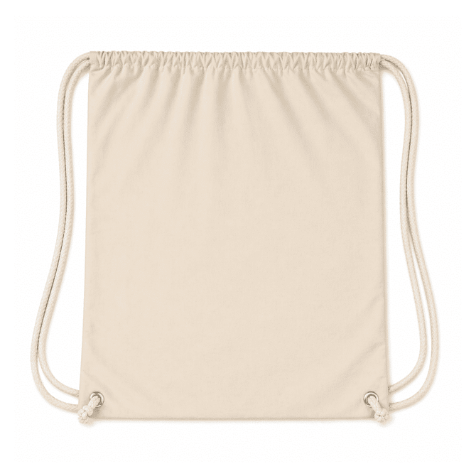 A drawstring backpack in a light beige colour with matching drawstrings and a logo.
